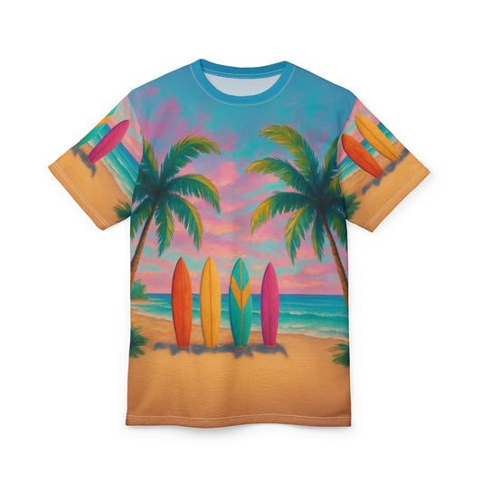 Beach Vibes Unisex Cut & Sew Tee, Surfing Shirt, Tropical AOP Tee, Summer Fashion, Vacation Wear, Beach Party Top, Casual Summer Tee