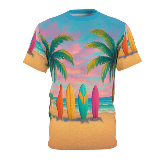 Beach Vibes Unisex Cut & Sew Tee, Surfing Shirt, Tropical AOP Tee, Summer Fashion, Vacation Wear, Beach Party Top, Casual Summer Tee