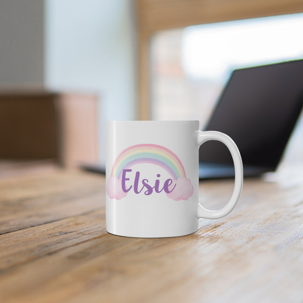 Personalized Rainbow Name Mug — "Elsie" 11oz Cute Pastel Cloud Coffee Cup