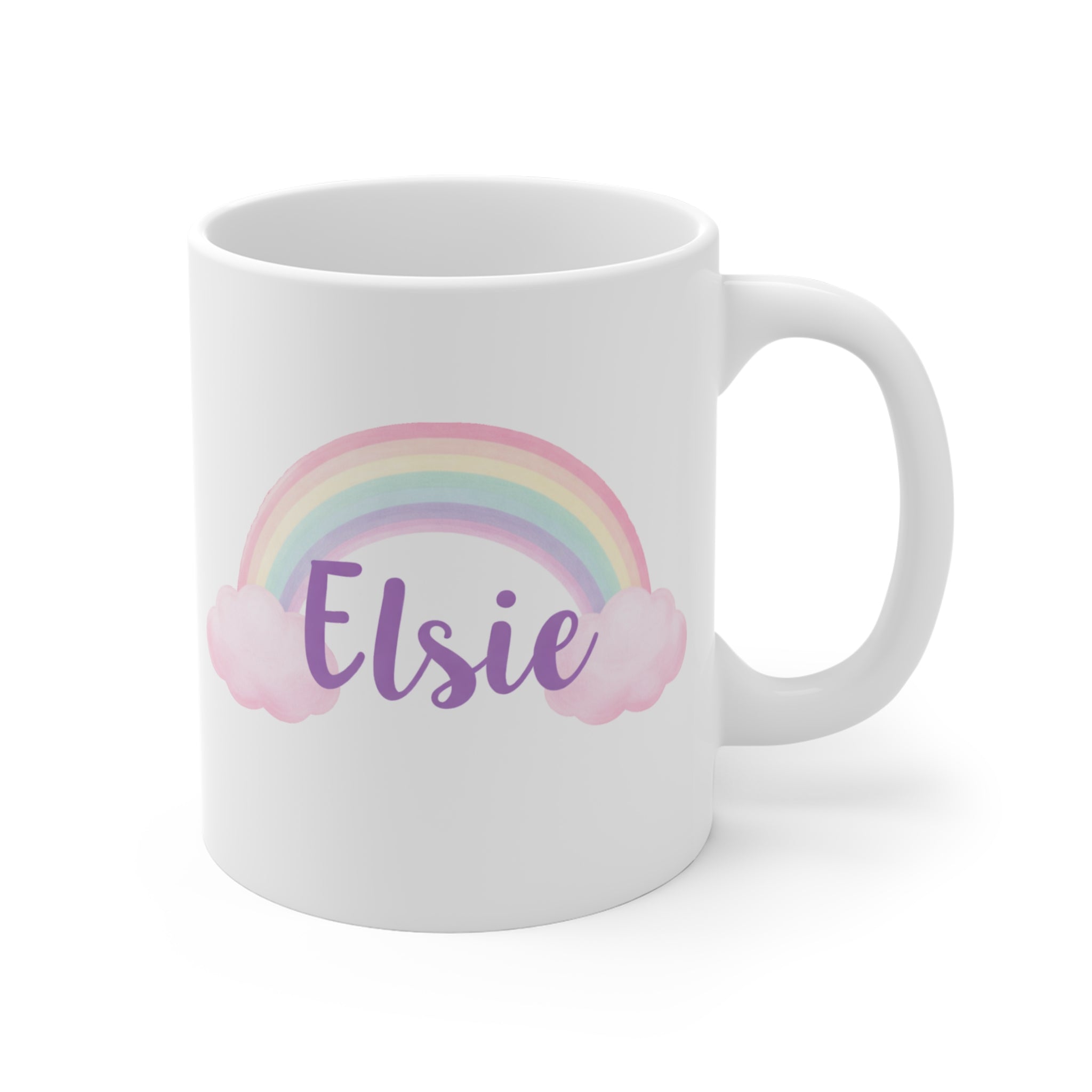 Personalized Rainbow Name Mug — "Elsie" 11oz Cute Pastel Cloud Coffee Cup