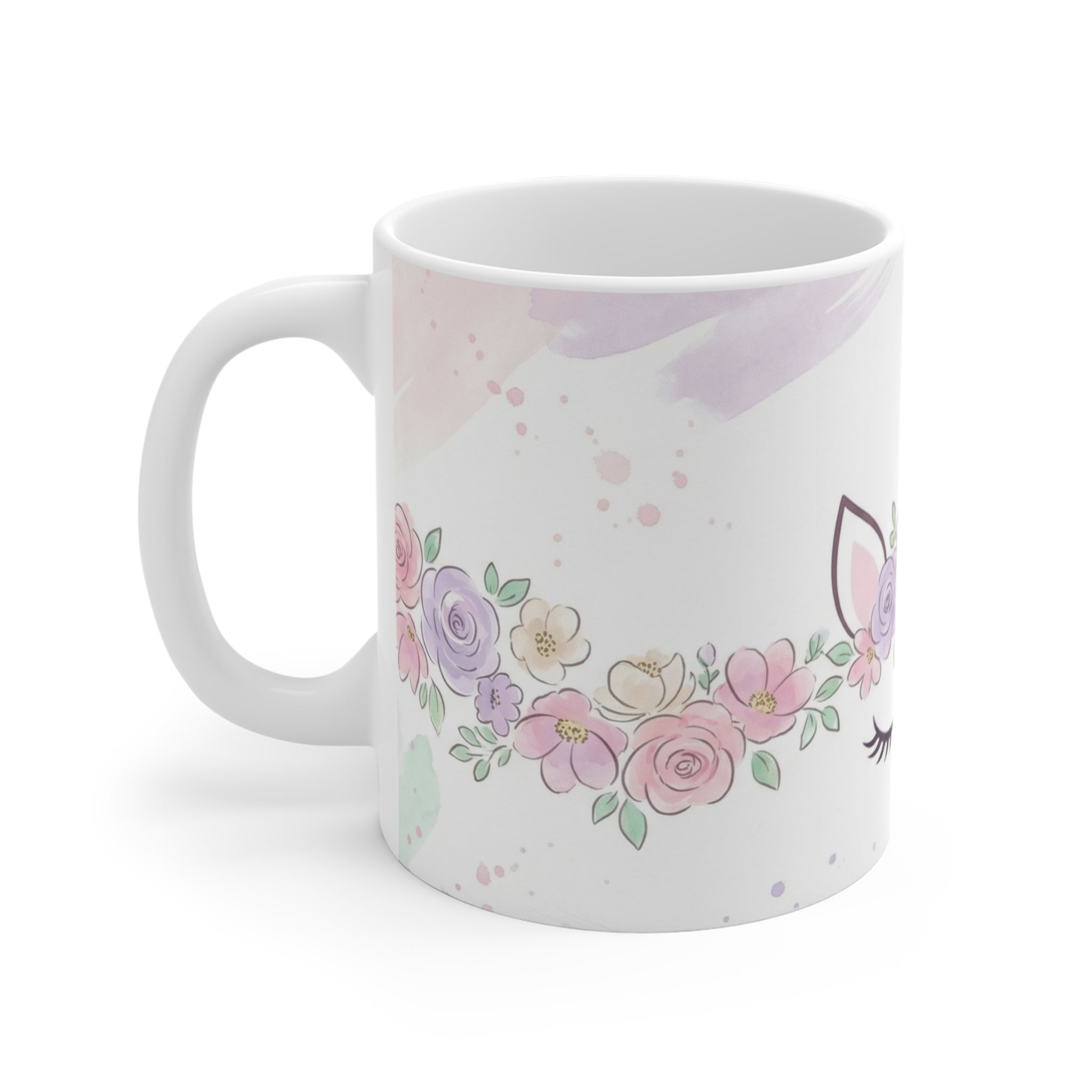 Unicorn Floral Mug — Pastel Gold Horn 11oz Coffee Cup