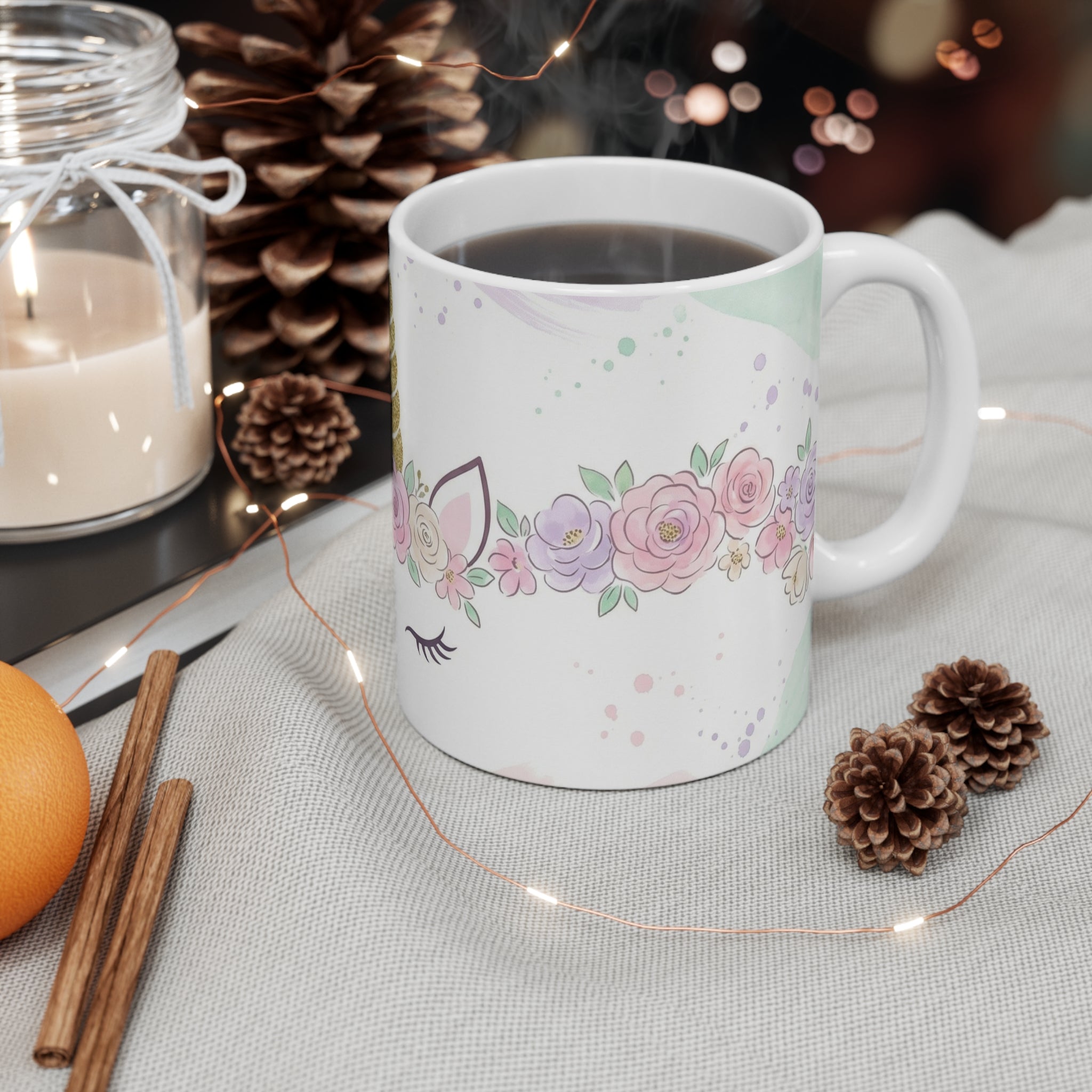 Unicorn Floral Mug — Pastel Gold Horn 11oz Coffee Cup