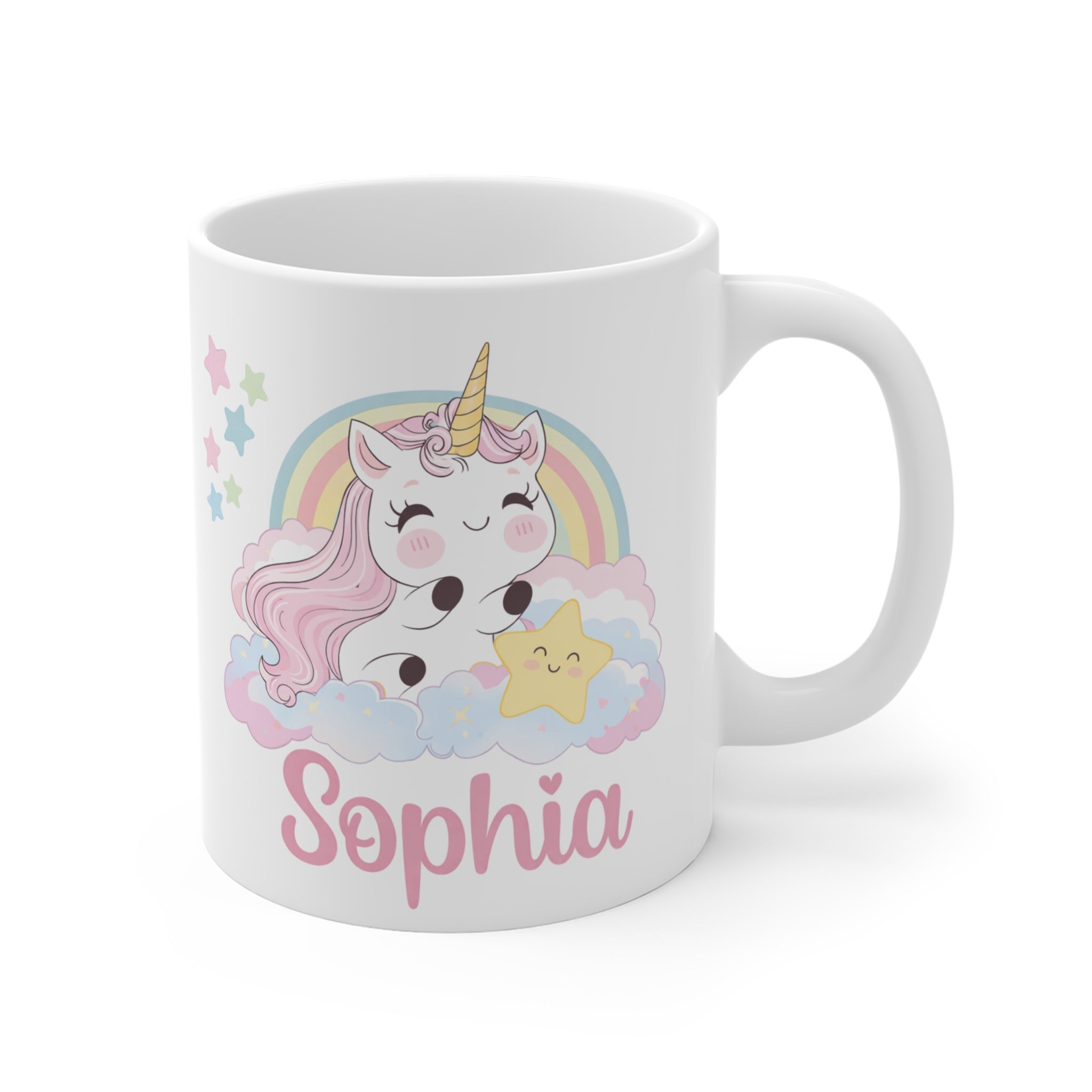 Personalized Unicorn Mug 11oz — Cute Pastel Rainbow Name Coffee Cup (e.g., Sophia)