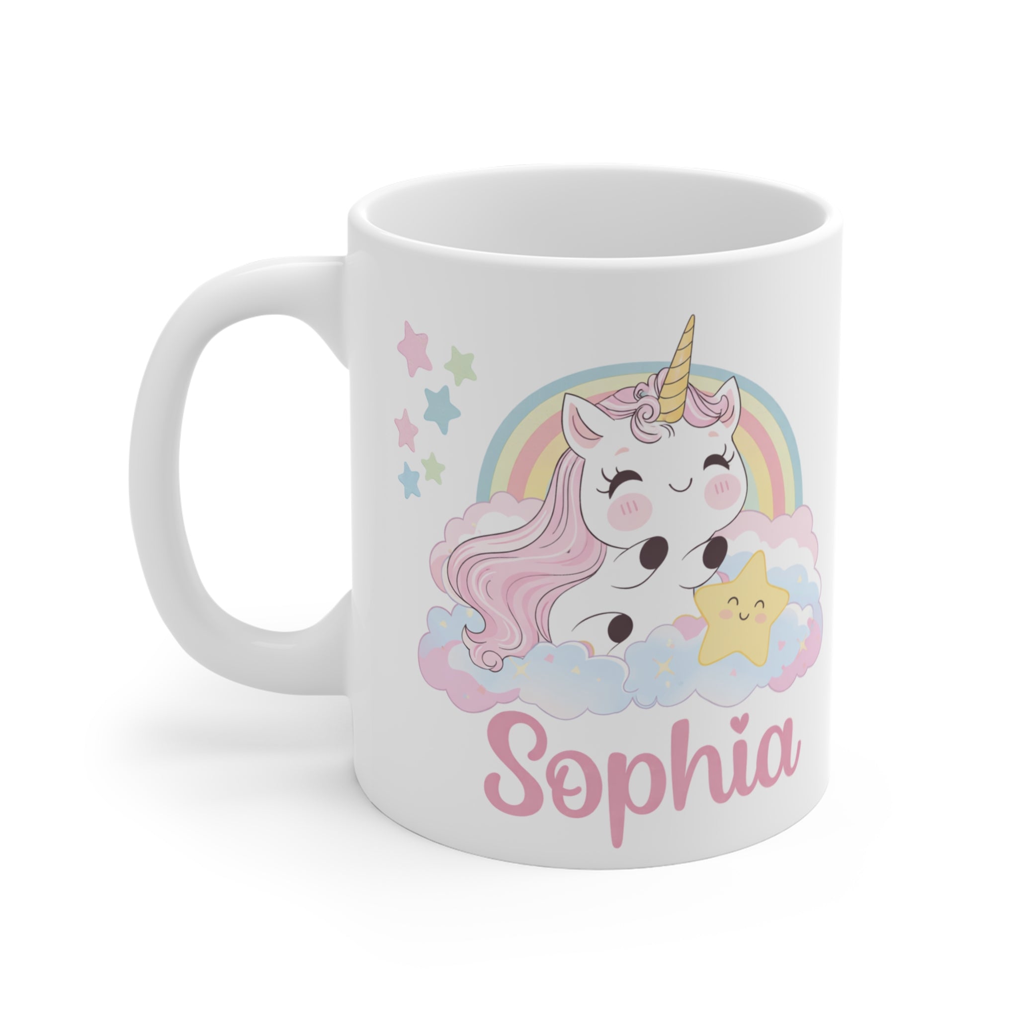 Personalized Unicorn Mug 11oz — Cute Pastel Rainbow Name Coffee Cup (e.g., Sophia)