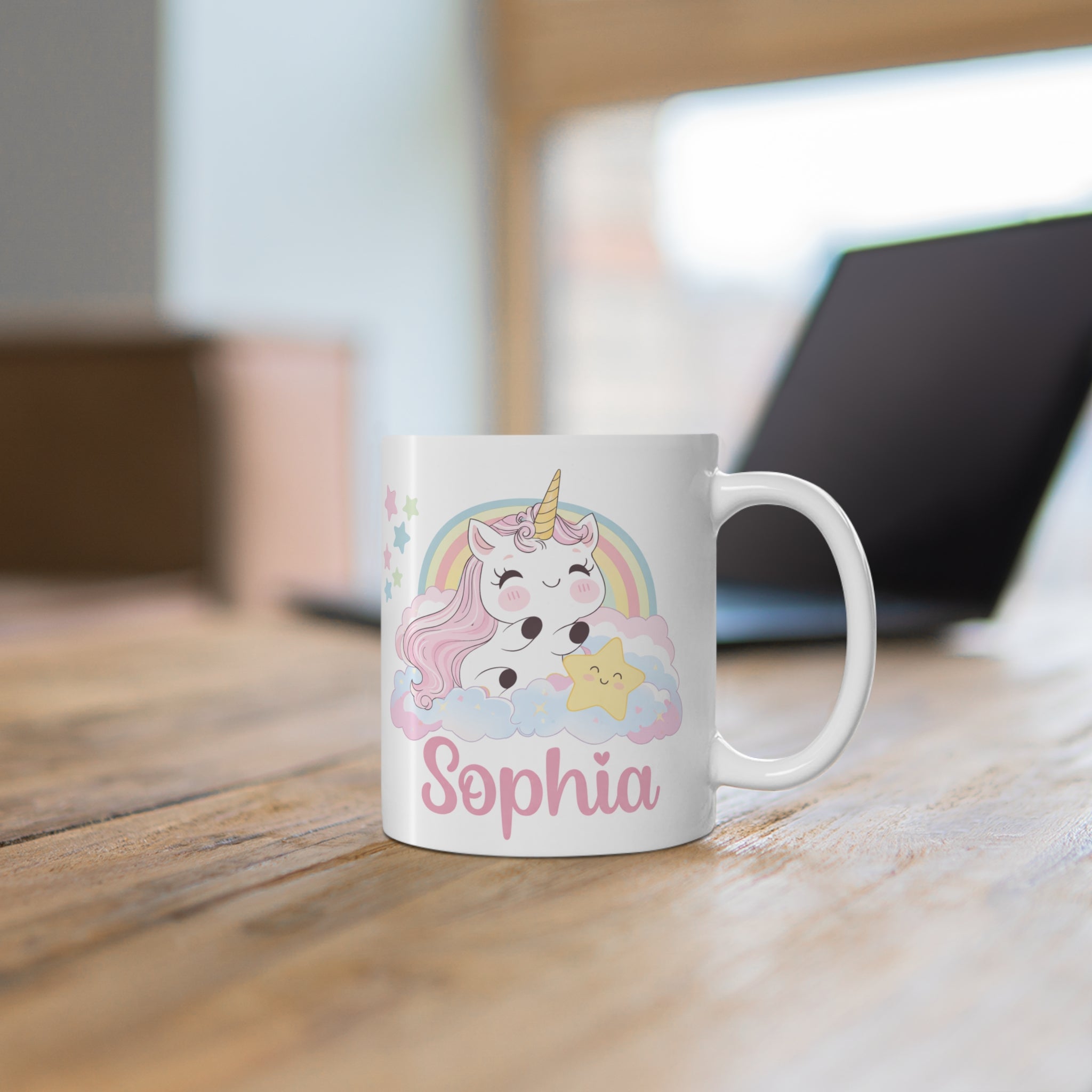 Personalized Unicorn Mug 11oz — Cute Pastel Rainbow Name Coffee Cup (e.g., Sophia)