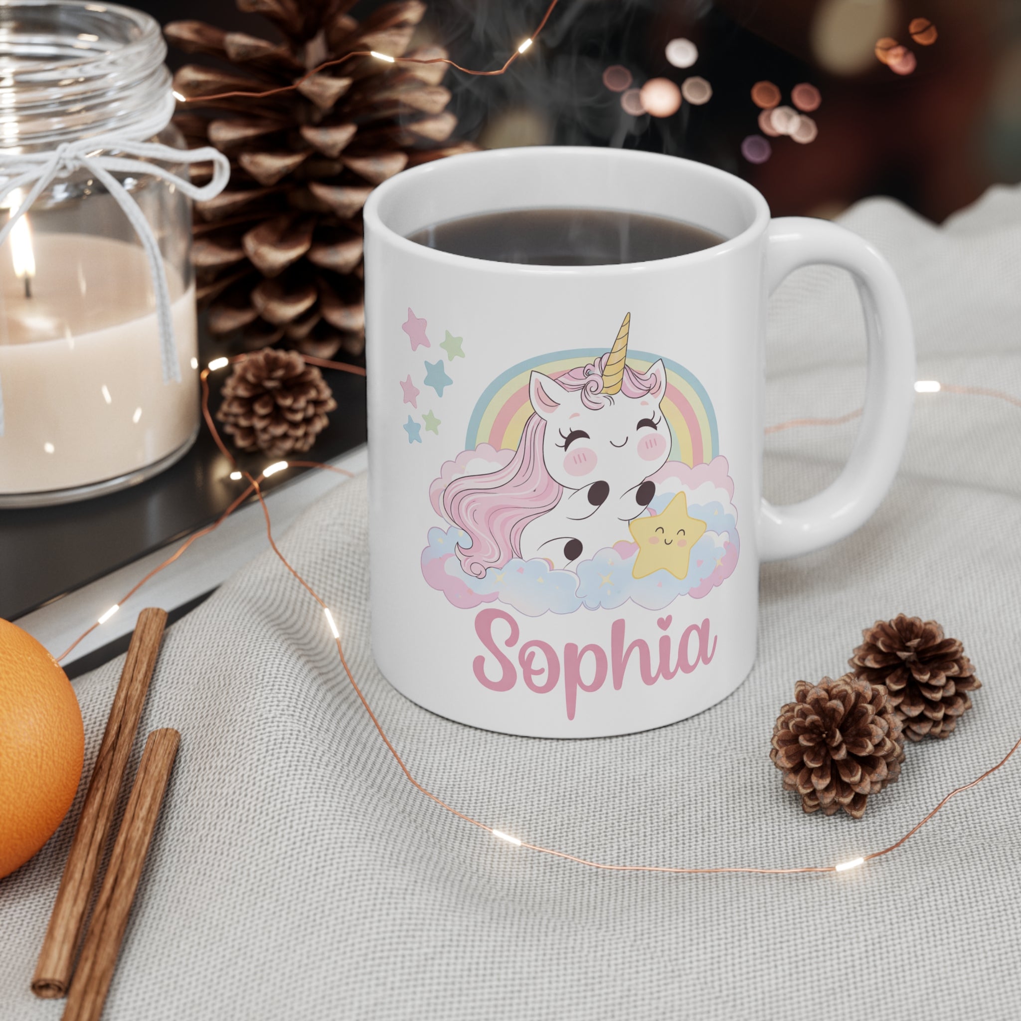Personalized Unicorn Mug 11oz — Cute Pastel Rainbow Name Coffee Cup (e.g., Sophia)