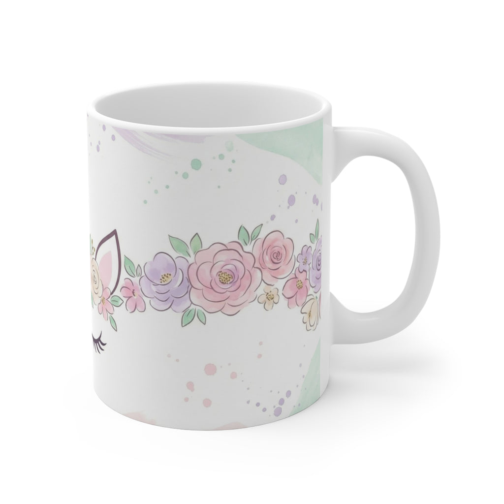 Unicorn Floral Mug — Pastel Gold Horn 11oz Coffee Cup