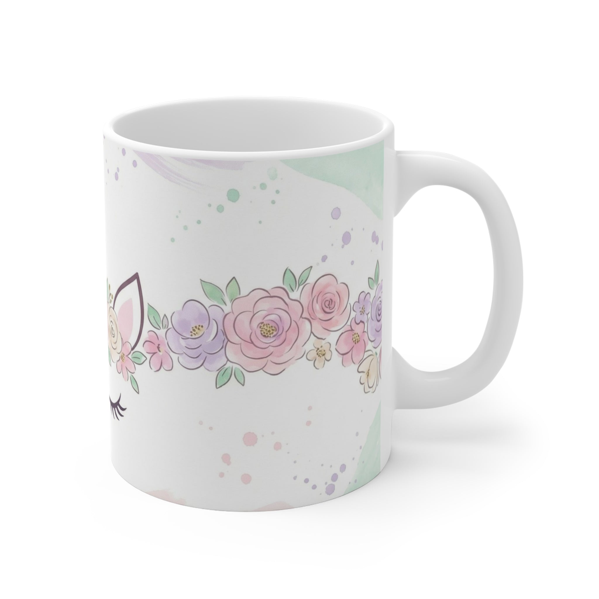 Unicorn Floral Mug — Pastel Gold Horn 11oz Coffee Cup