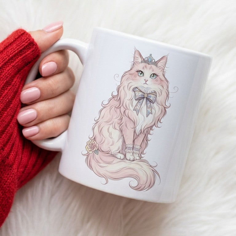 Princess Cat 11oz Mug — Cute Victorian Kitty with Crown & Bow