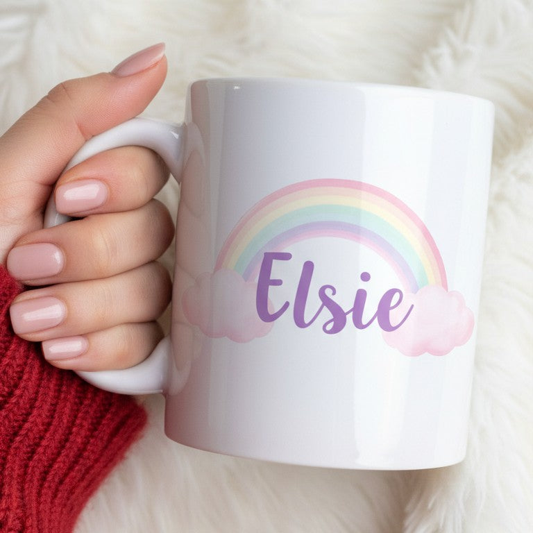 Personalized Rainbow Name Mug — "Elsie" 11oz Cute Pastel Cloud Coffee Cup