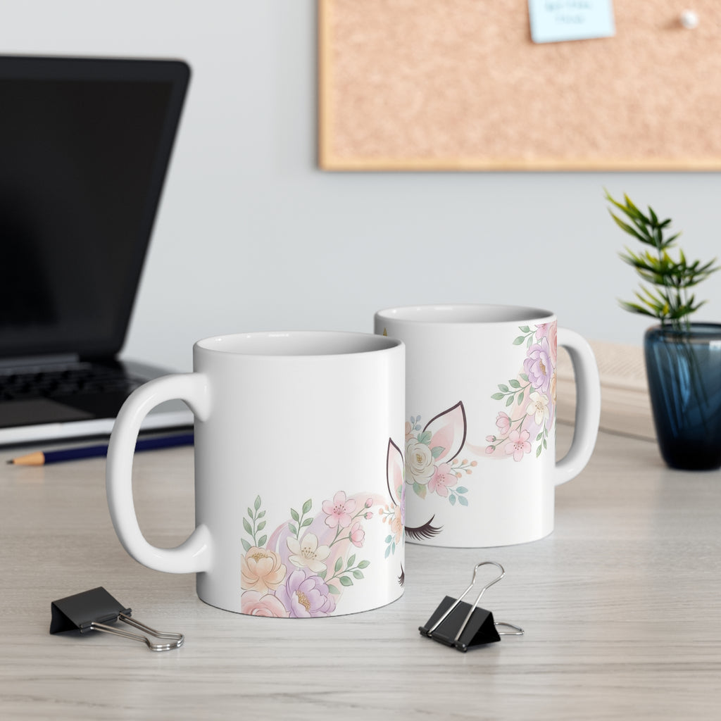 Unicorn Floral 11oz Coffee Mug — Cute Gold Horn & Pastel Flowers