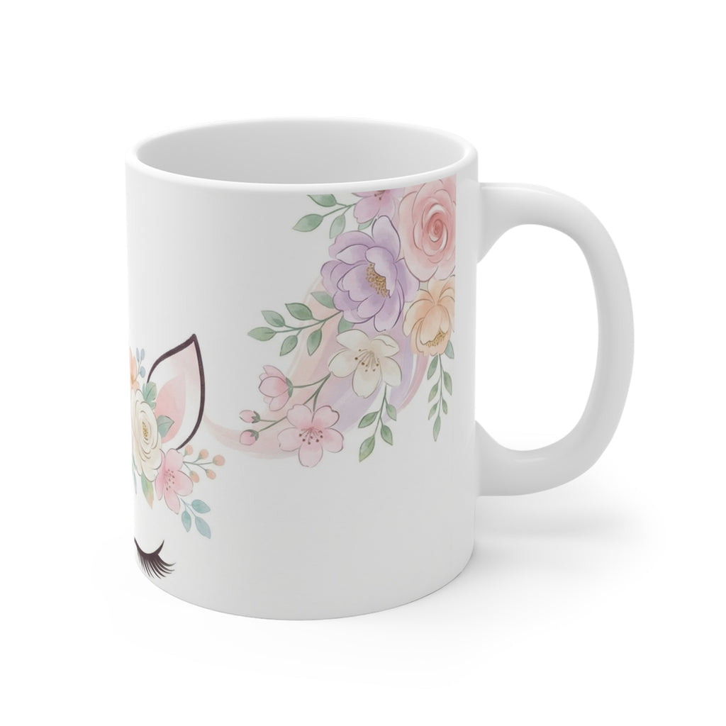 Unicorn Floral 11oz Coffee Mug — Cute Gold Horn & Pastel Flowers