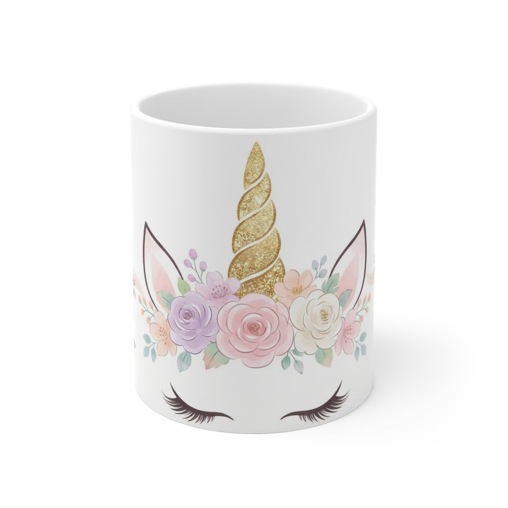 Unicorn Floral 11oz Coffee Mug — Cute Gold Horn & Pastel Flowers