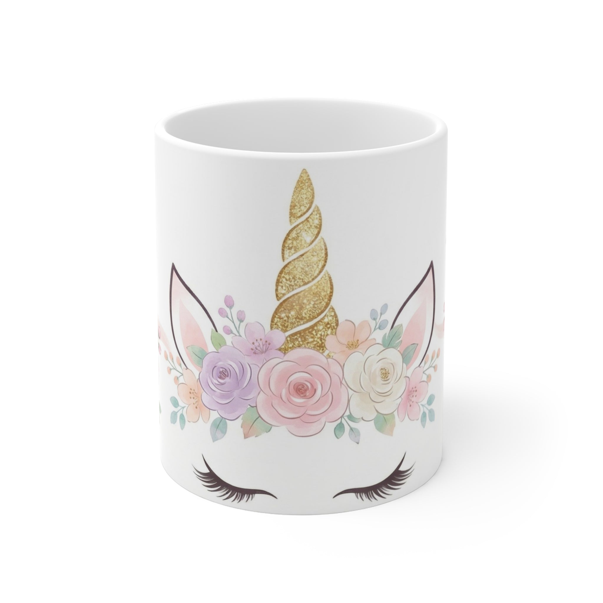 Unicorn Floral 11oz Coffee Mug — Cute Gold Horn & Pastel Flowers