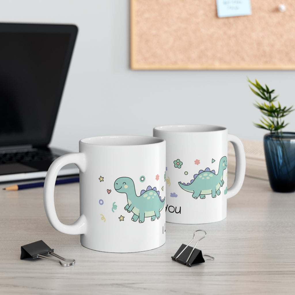I Love You Dinosaur Mug — Cute Floral Dino Coffee Cup, Gift for Kids & Partner