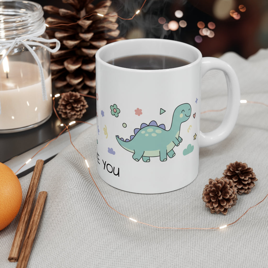 I Love You Dinosaur Mug — Cute Floral Dino Coffee Cup, Gift for Kids & Partner