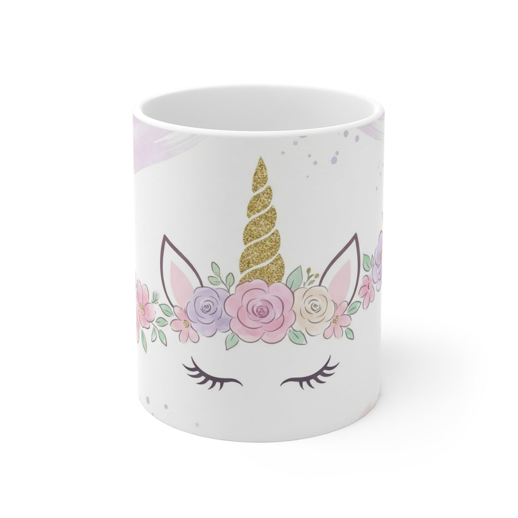 Unicorn Floral Mug — Pastel Gold Horn 11oz Coffee Cup