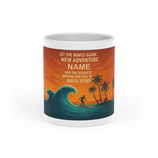 Heart-Shaped Adventure Mug, Surfer Gift, Ocean Lover's Coffee Cup, Beach Decor, Personalized Drinkware