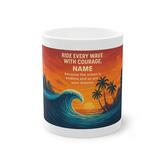 Personalized Surf Mug, Custom Name Coffee Cup, Inspirational Ocean Quote, Gift for Surfer, Wave Rider, Beach Lover, Endless Dreams, Courage
